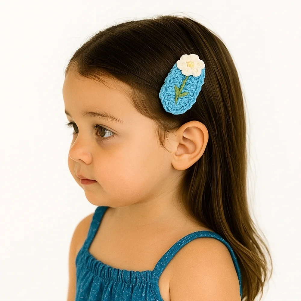 Hand Crafted Hand Knit Crochet Snap Hair Clip Blue with White Flower Boho Style